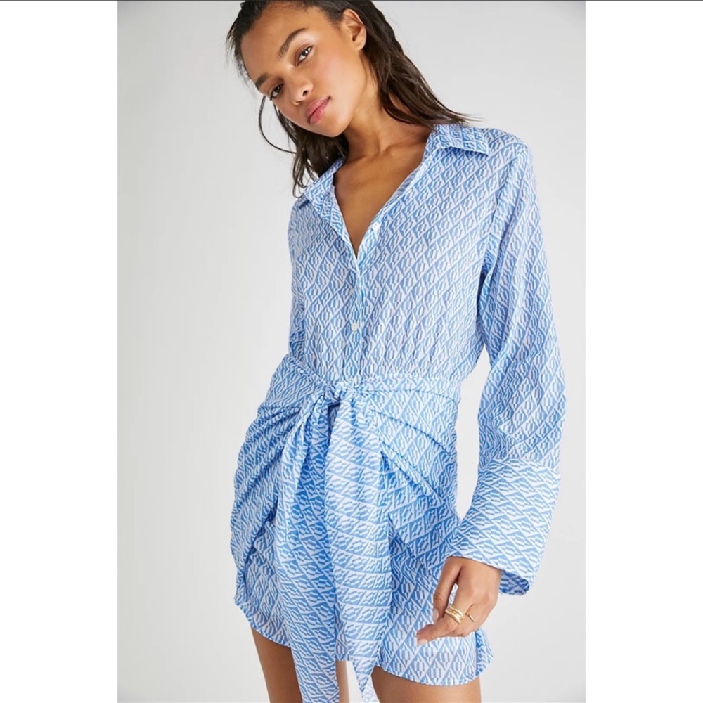 Free People Rillo Blue Beach Summer Shirtdress S 100% Cotton